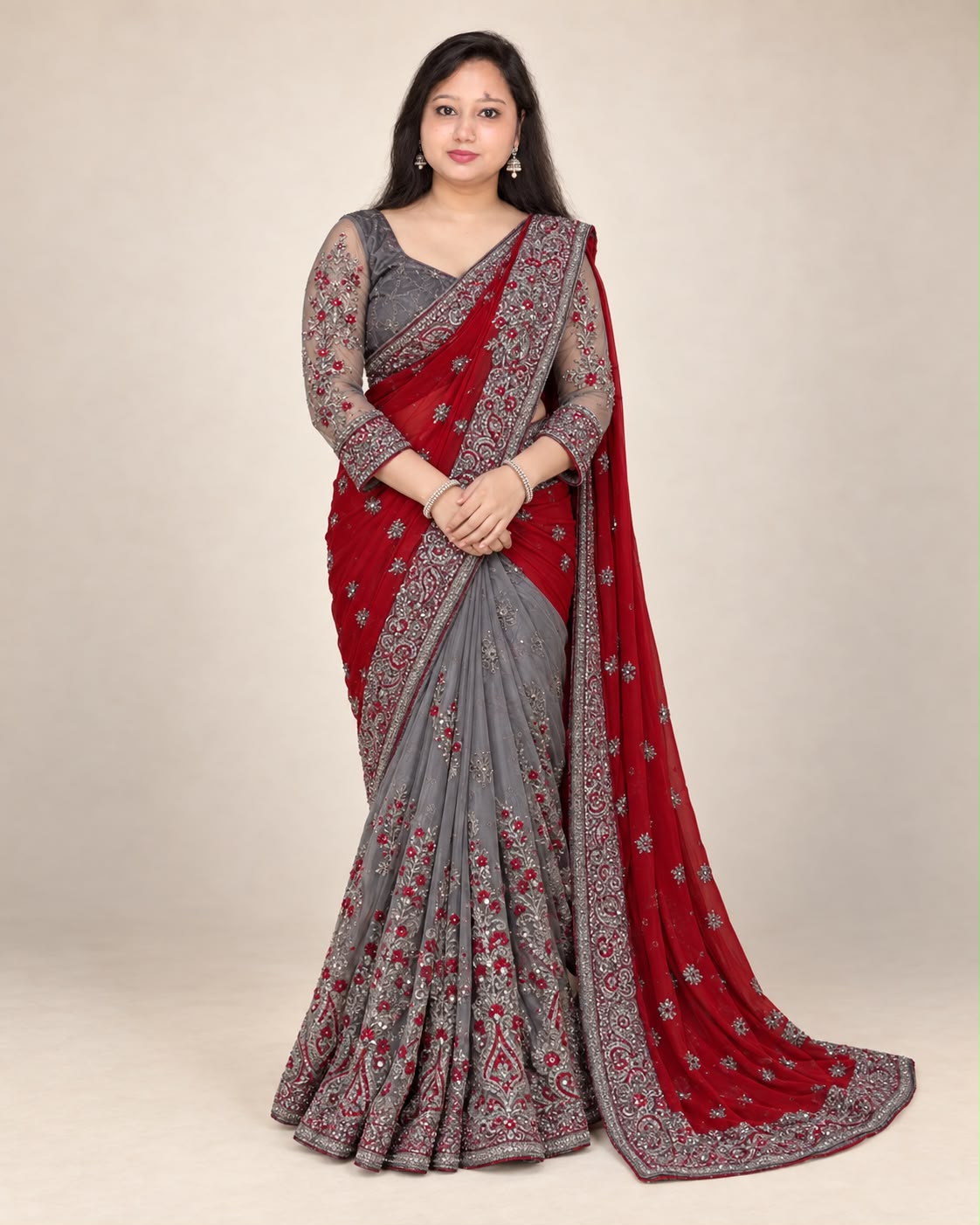 Grey+red saree