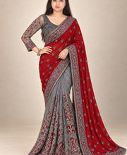 Grey+red saree