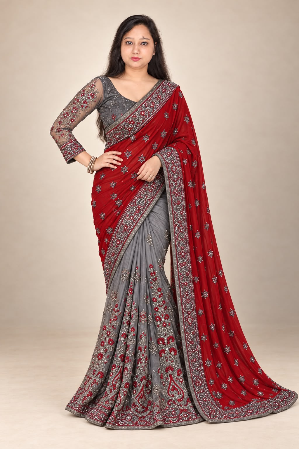 Grey+red saree