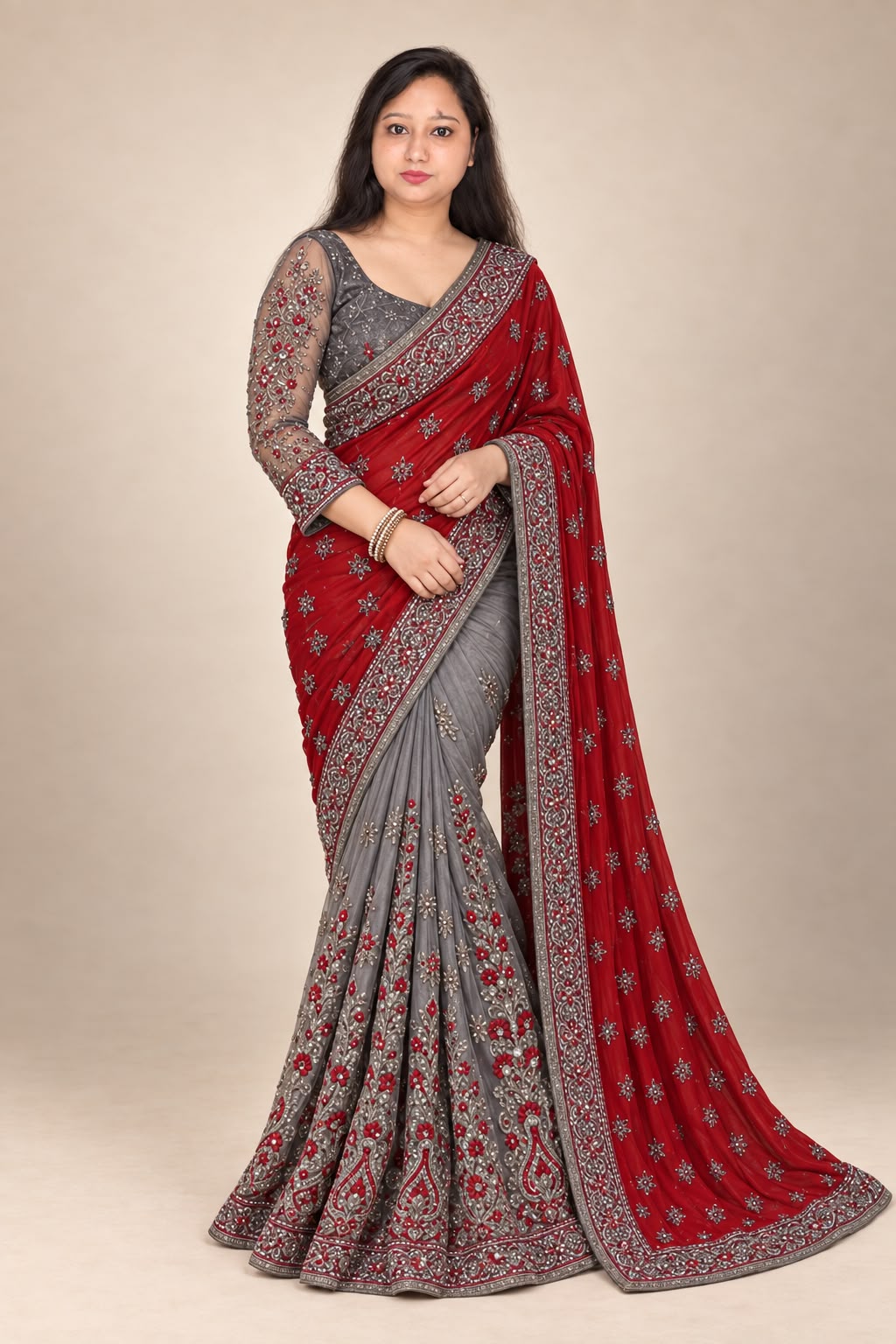 Grey+red saree