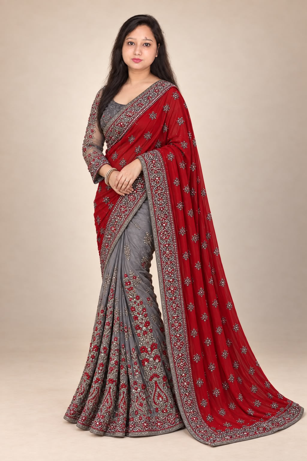 Grey+red saree