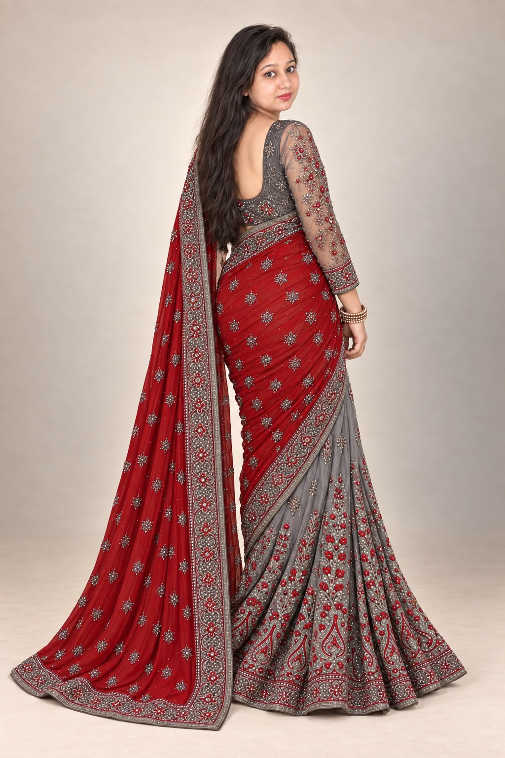 Grey+red saree