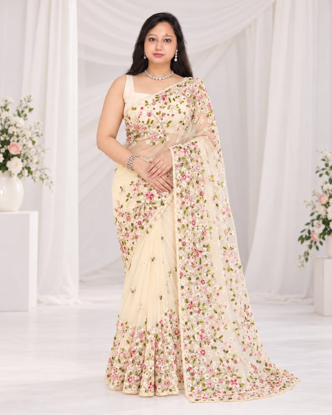 Embroidered Bollywood Net Saree with attached un-stitched blouse piece