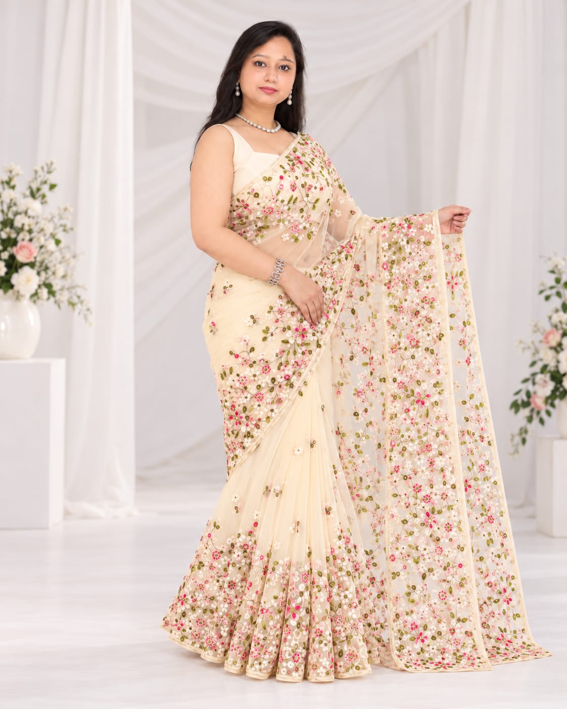 Embroidered Bollywood Net Saree with attached un-stitched blouse piece