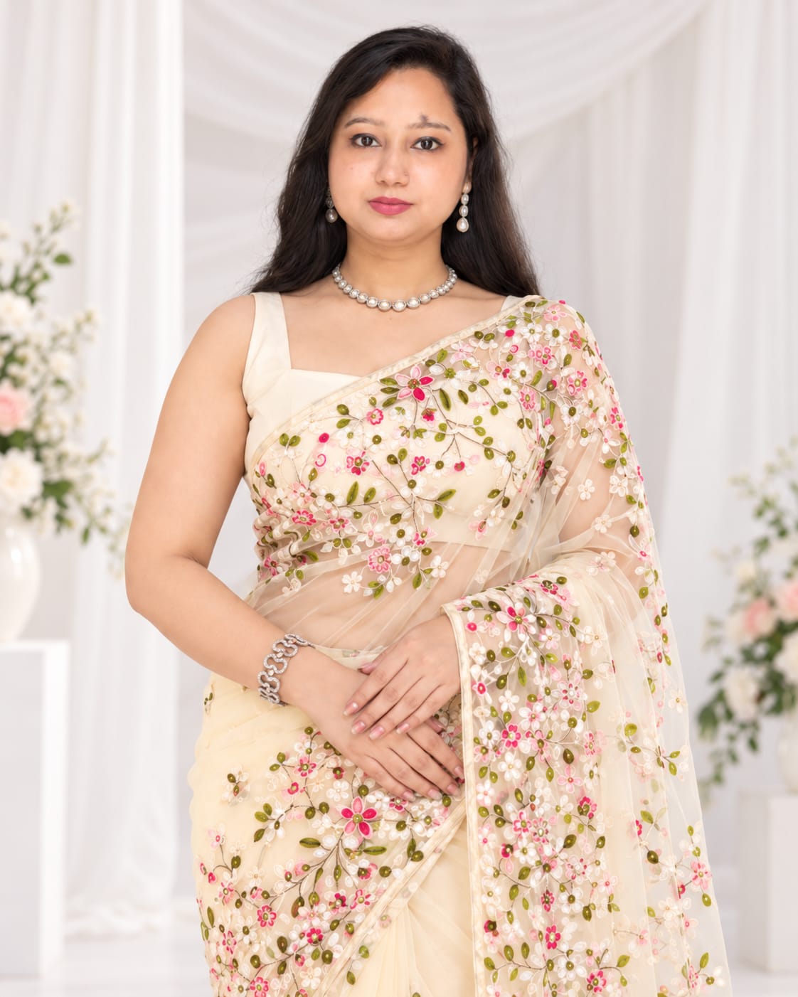 Embroidered Bollywood Net Saree with attached un-stitched blouse piece