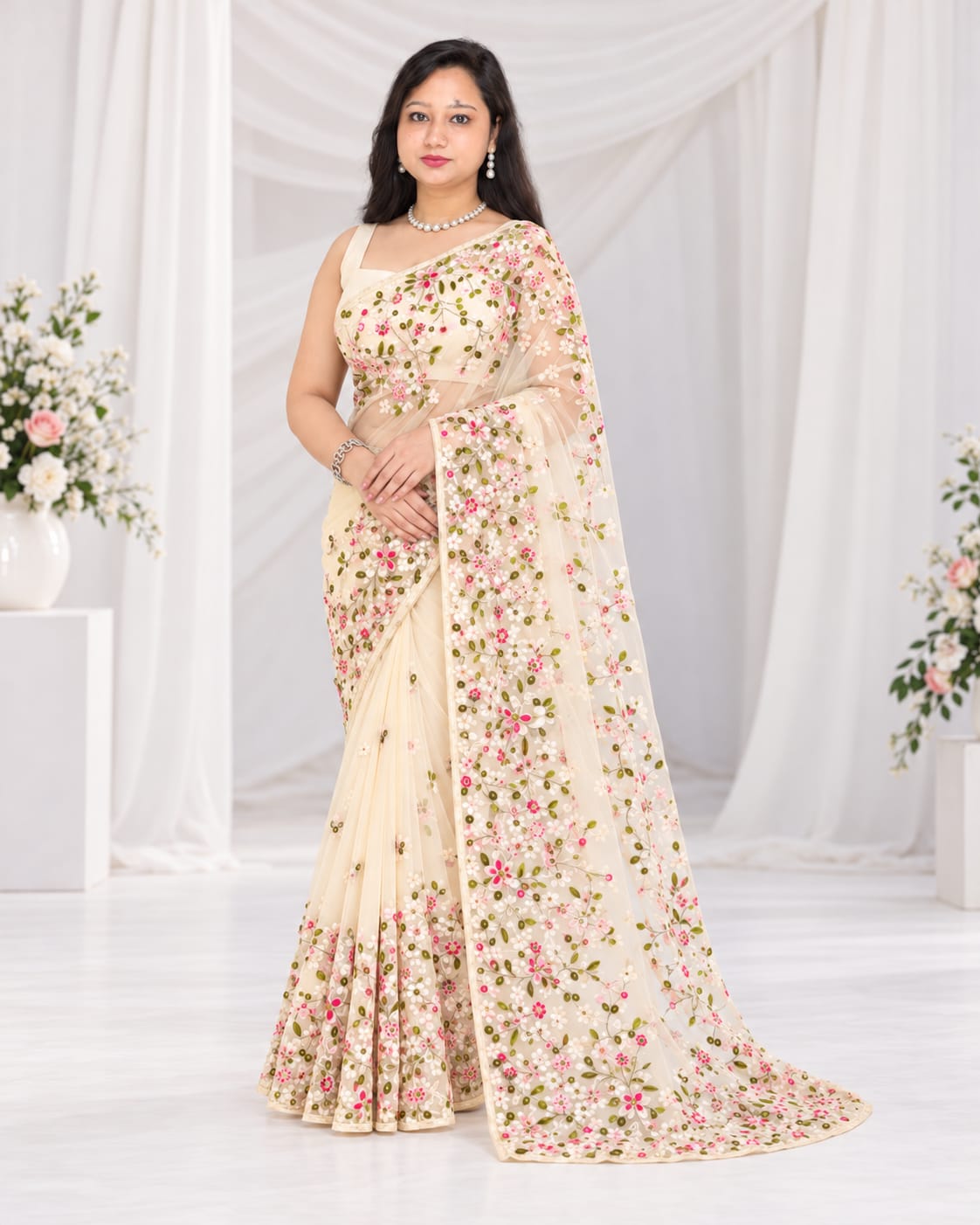 Embroidered Bollywood Net Saree with attached un-stitched blouse piece