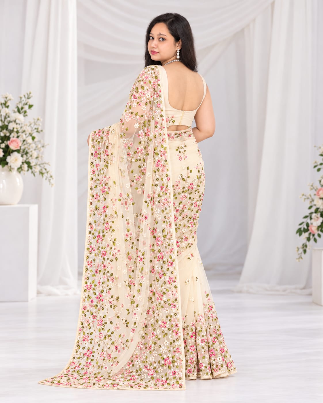 Embroidered Bollywood Net Saree with attached un-stitched blouse piece